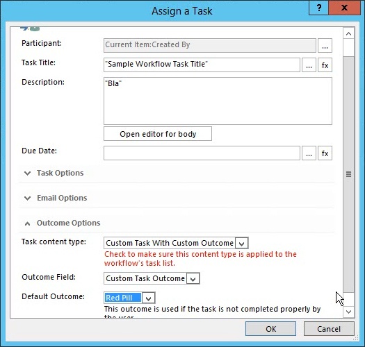 Use the SharePoint Designer 2013 Assign A Task dialog box to modify the task settings.