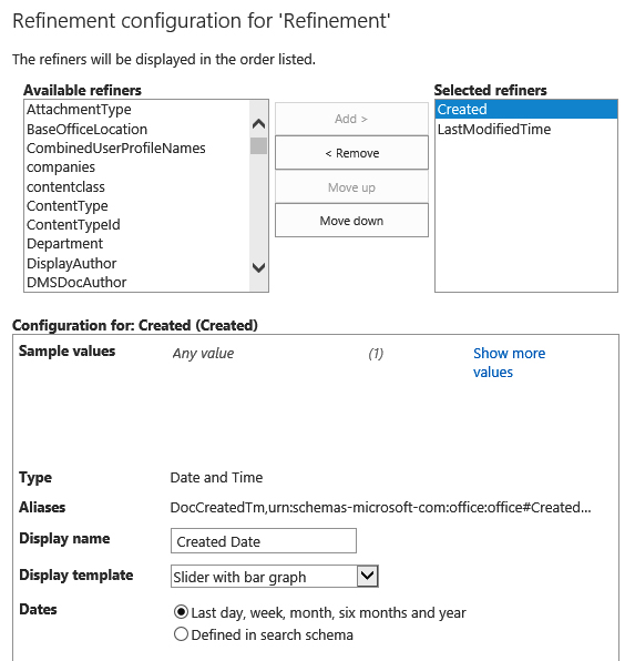 Configuring refiners in the Refinement Web Part