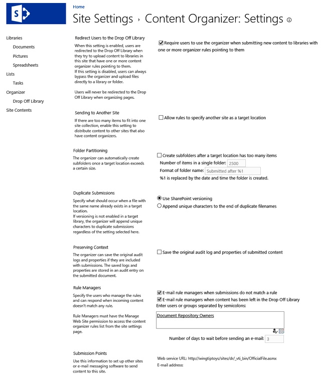 The Content Organizer Settings page shows mostly default values and adjusted Rule Managers.