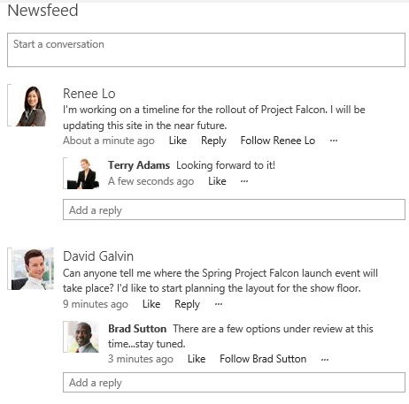 A site feed for a team site is shown within SharePoint.