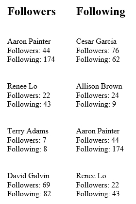 The output shows Yammer followers and followings for a user.