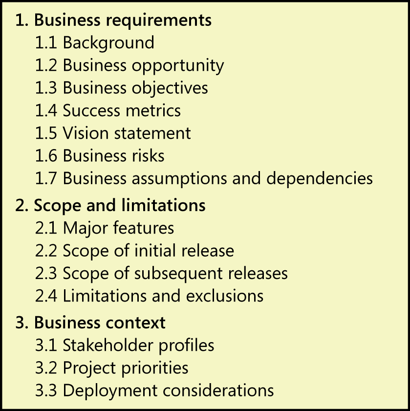 A suggested template with three sections of information
              for the vision and scope document.  is for business
              requirements. The seven subsections are background, business
              opportunity, business objectives, success metrics, vision
              statement, business risks, and business assumptions and
              dependencies.  is
              scope and limitations. The four subsections are major features,
              scope of initial release, scope of subsequent releases, and
              limitations and exclusions. The third section is business
              context. The three subsections are stakeholder profiles, project
              priorities, and deployment considerations.