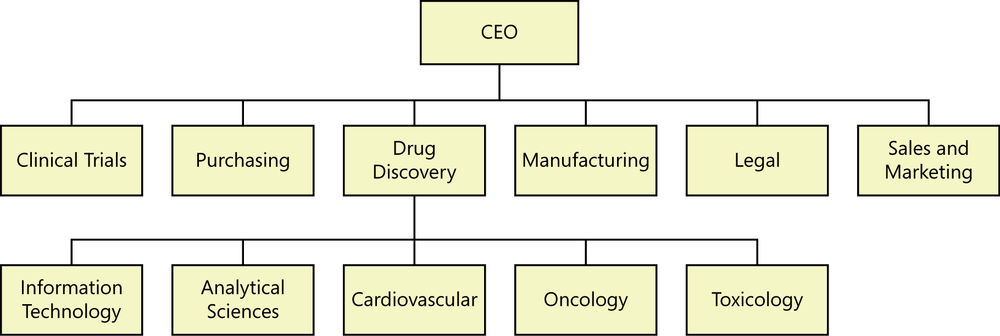 Illustration showing an organization chart. A box
                labeled CEO is at the top. Below that are several boxes
                representing company divisions, such as clinical trials,
                purchasing, drug discovery, and manufacturing. Below the drug
                discovery box are several boxes representing departments,
                including information technology, analytical sciences, and
                cardiovascular.