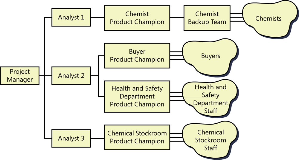 An illustration showing lines coming out of the
                project manager box at the left side to a stack of three boxes
                labeled analyst 1, analyst 2, and analyst 3. Coming out of
                each analyst box to the right is a line to a box labeled
                product champion for a particular group of users. For example,
                at the top of the figure a line comes from the analyst 1 box
                into the chemist product champion box, and then a line
                continues to the right to a box called chemist backup team,
                which then connects to a group of chemists on the
                right.