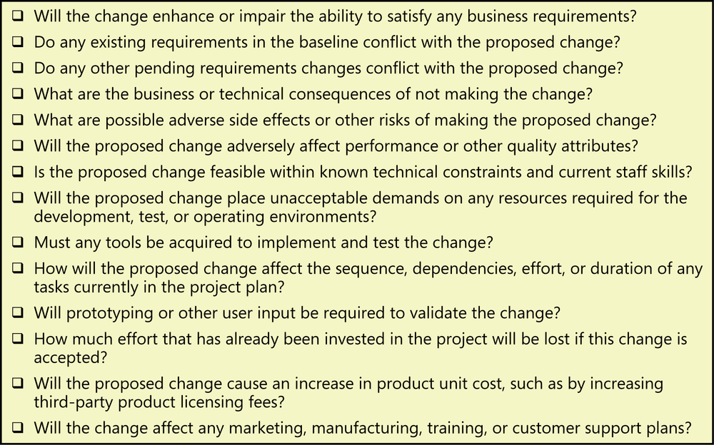 A checklist of questions to think about when
                considering a proposed requirement change. Some of the
                questions are: what are possible adverse side effects or other
                risks of making the proposed change, will the proposed change
                adversely affect performance or other quality attributes, and
                will the change affect any marketing, manufacturing, training,
                or customer support plans.