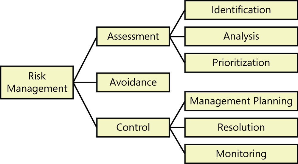 An illustration that shows a box labeled risk
                management on the left expanding into three boxes in the
                center, labeled assessment, avoidance, and control. The
                assessment box expands into three boxes on the right labeled
                identification, analysis, and prioritization. The control box
                expands into three boxes on the right labeled management
                planning, resolution, and monitoring.