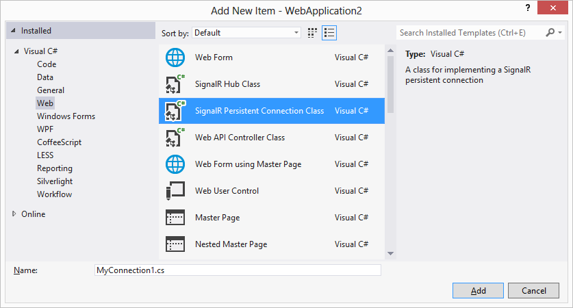 A screen shot showing the dialog box used by Visual Studio 2012 to add a new item to the project. Among other things, there are templates to add SignalR hubs and persistent connections.