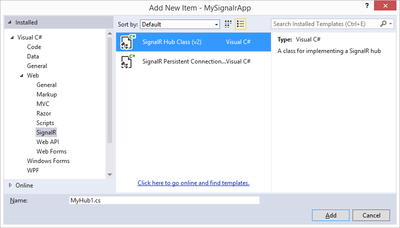 A screen shot showing the contents of the dialog box used in Visual Studio 2013 to add new items to the project. We can find templates to create SignalR hubs and persistent connections.