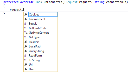 A screen shot showing the help provided by IntelliSense in Visual Studio, where we see the members of the IRequest interface: Cookies, Environment, Equals, GetHashCode(), the GetHttpContext() extender, GetType(), Headers, LocalPath, QueryString, ReadForm(), ToString(), Url, and User.