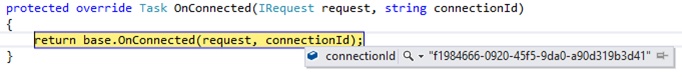 A screen shot showing a SignalR application stopped at a breakpoint set in the OnConnected method, where we see that the value of the connectionId parameter that we are receiving is a GUID.