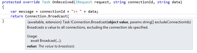 A screen shot showing context-sensitive help in Visual Studio during coding. It shows that the value parameter of the Broadcast() method is an object type.