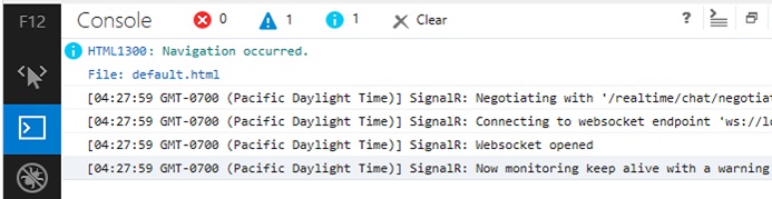 A screen shot showing the console provided by the developer tools of Internet Explorer 11, where we see the log of the process to connect to a SignalR service. There are several events recorded: start of the negotiation, connection to the endpoint, successful opening of the WebSocket, and beginning of the connection monitoring after it is opened.