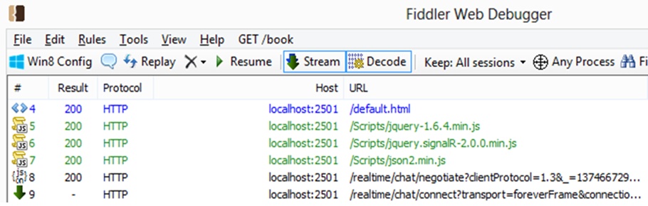 A screen shot showing the requests recorded by Fiddler during a transport negotiation of a connection made from Internet Explorer 7. There is a first connection to /negotiate to initiate negotiation, and another one to /connect in which a parameter is sent specifying that the transport is to be forever frame.