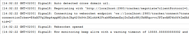 A screen shot showing the Firebug console on Firefox in a cross-domain negotiation. In the first entry in the trace, it states that SignalR has detected that it is a cross-domain connection, and following are the connection?s own events: start of negotiation, initiation of the connection, opening of the WebSocket, and beginning of connection monitoring.