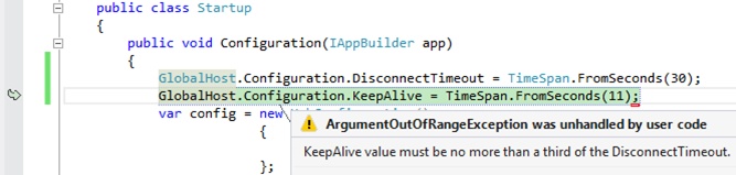 A screen shot of an exception caught by Visual Studio at runtime when setting a value for the KeepAlive parameter that is less than three times the KeepAlive value. The message shown is “KeepAlive value must be no more than a third of the DisconnectTimeout”.