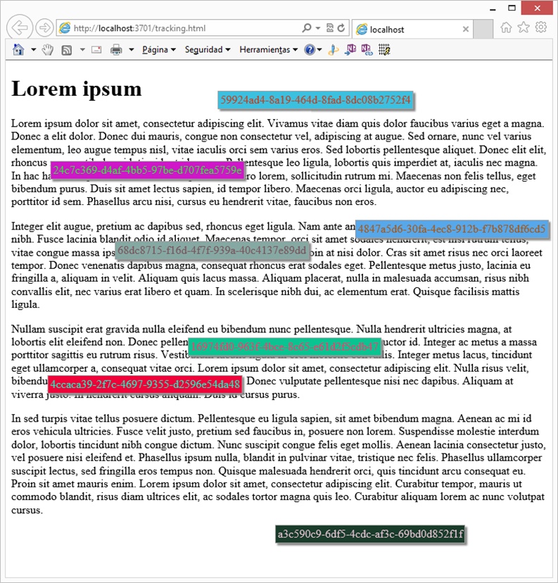 A screen shot showing the application “Visitor tracking” running. There is a browser displaying a page on which we can see the real-time position of the mouse of all users who are visiting it. Each connected user is represented by their connectionId.