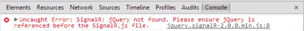 A screen shot of the Chrome console, which shows the error generated by not including the reference to the jQuery library before the reference to the SignalR client library. The text of the error is “jQuery not found. Please ensure jQuery is referenced before the SignalR.js file.”
