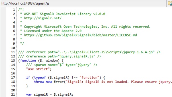 A screen shot showing the first source code lines of the proxy generated automatically by SignalR.