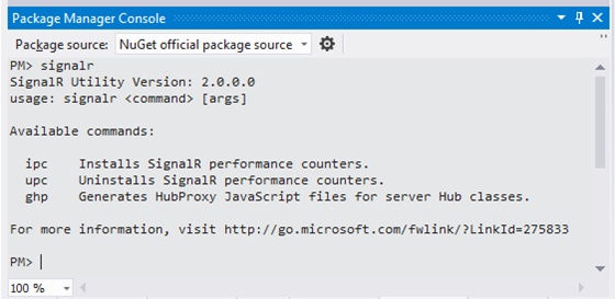 A screen shot showing the NuGet package manager console after executing the “SignalR” utility without additional options. There is help about the different commands supported: ipc (install performance counters), upc (uninstall performance counters), and ghp (generate hub proxy).