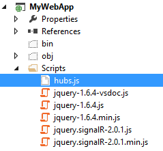 A screen shot of the Visual Studio solution explorer, where we see that the hubs.js file has been generated in the Scripts folder of the project but has not been included into the project.