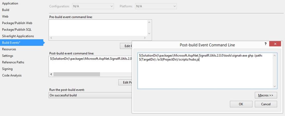 A screen shot of the project settings window in Visual Studio, where the “Build Events” tab has been selected and the proxy generation commands are being entered in the text box corresponding to the post-build events of the project.