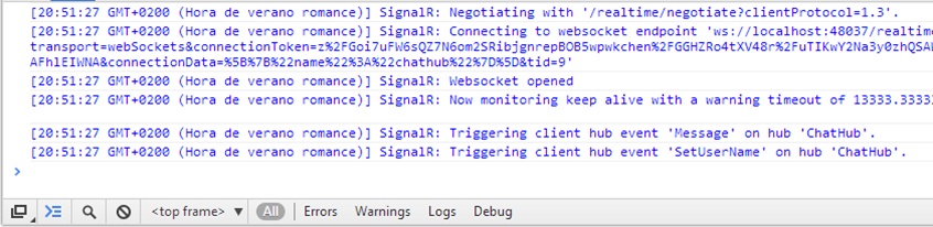 A screen shot showing the Google Chrome console, where the log of a hub is being displayed. The negotiation procedure, the opening of a WebSocket, and the reception of calls made from the server are reflected.