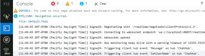 A screen shot showing the Internet Explorer 11 console, where the log of a hub is being displayed. The negotiation procedure, the opening of a WebSocket, and the reception of calls made from the server are reflected.