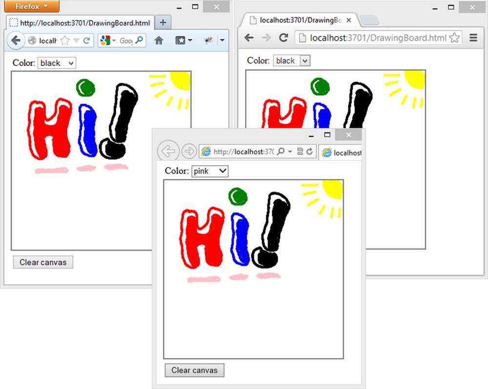 A screen shot showing three browsers with the Drawing Board application running. On the board, shared by all of them, there is handwritten greeting text.