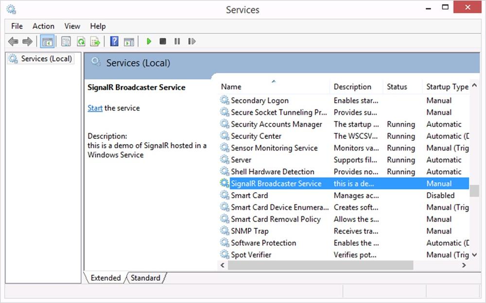 A screen shot showing the Windows Services tool. Among the services registered in the system we see SignalR Broadcaster Service.