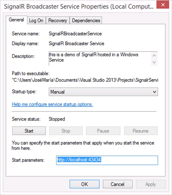 A screen shot showing the service properties window for SignalR Broadcaster Service. The URL  has been entered in the Start Parameters field.