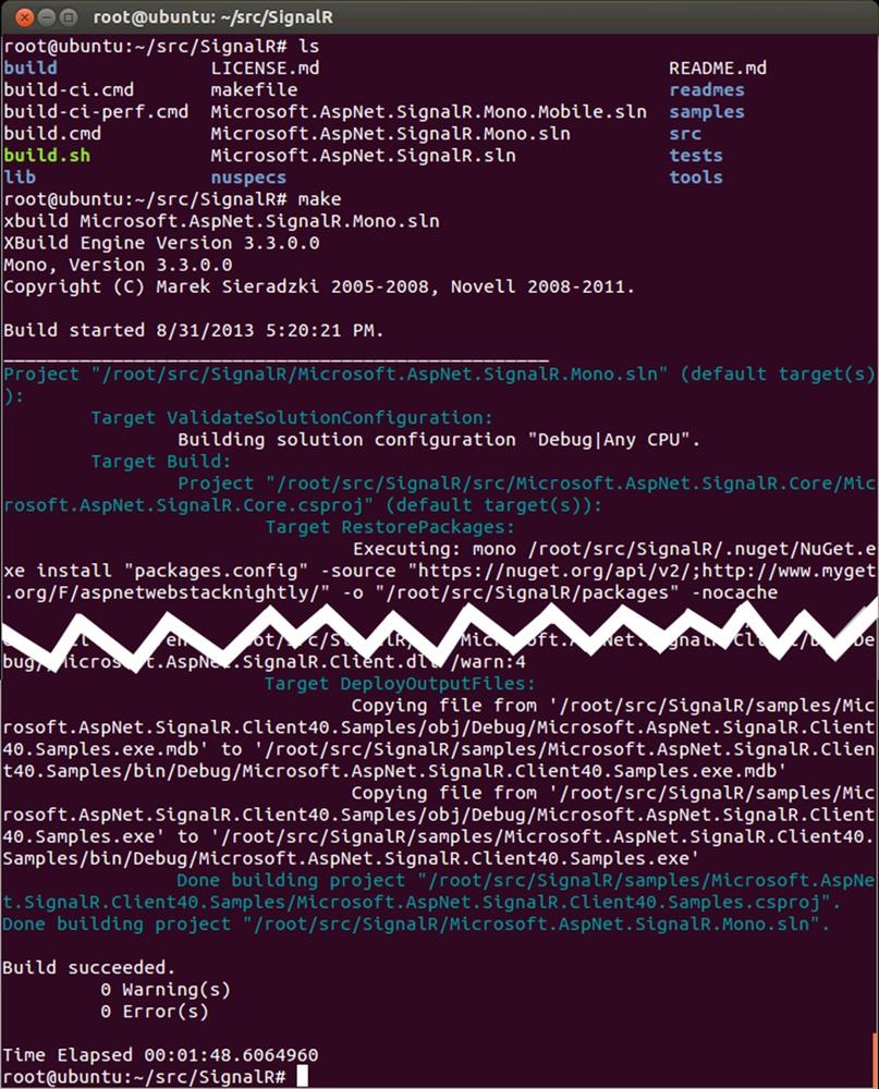 A screen shot of a Linux terminal window, where we see the result of compiling the SignalR source code using Mono. The process is started by running the make command.