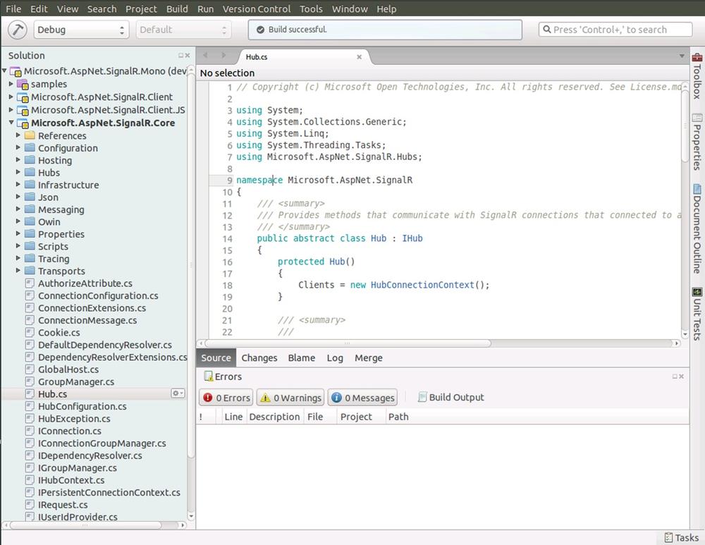 A screen shot of the MonoDevelop IDE working with the Microsoft.AspNet.SignalR.Mono project. The Hub.cs file of SignalR is open.