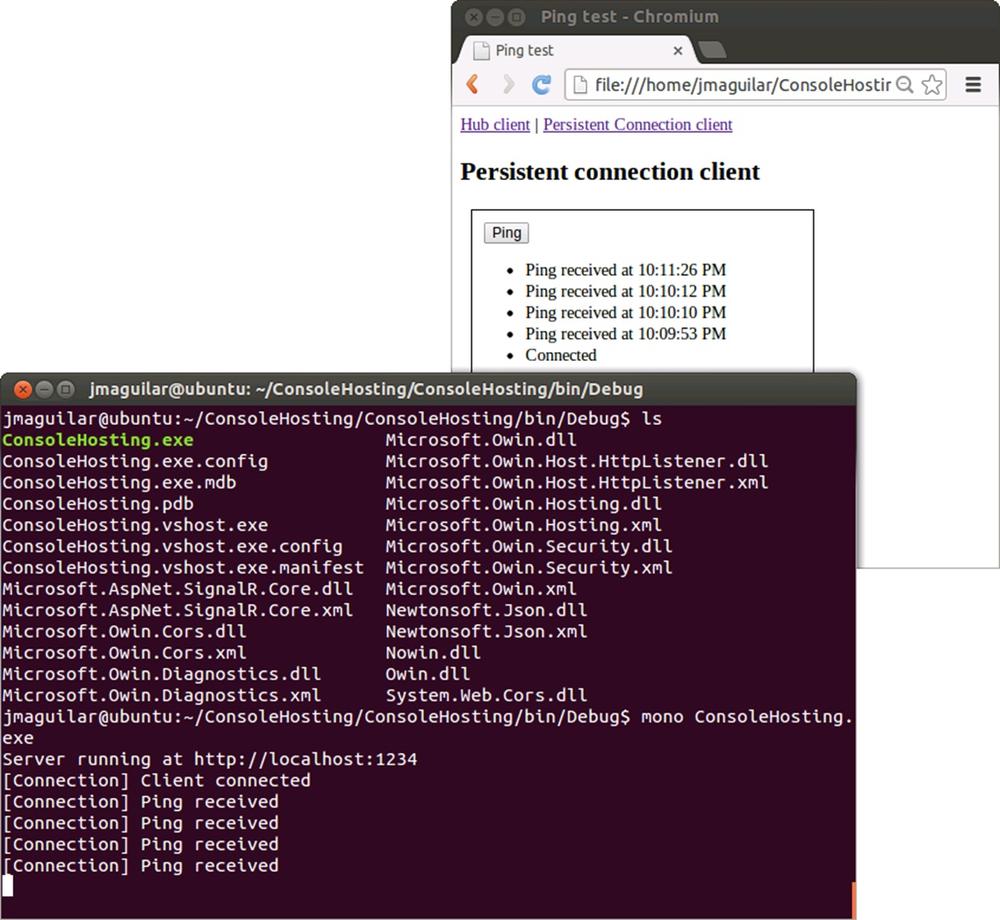 A screen shot of the desktop of an Ubuntu distribution showing two windows. One of them is a terminal window where a console application has been manually launched, with SignalR running in self-hosting mode. In the other window is a browser connected to said service, and we see that pings have been sent and received through this service.