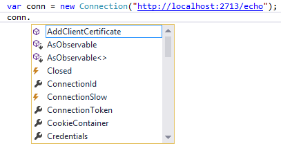 A screen shot showing the help displayed by IntelliSense on an object of the Connection class. There are several members of this class, such as AddClientCertificate(), ConnectionId, ConnectionToken, CookieContainer, and Credentials and events such as Closed or ConnectionSlow.