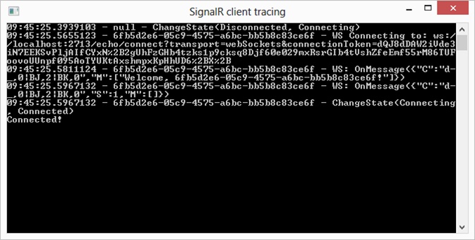 A screen shot of a Windows console window where we see the trace recorded by a SignalR client while it is running. There are several entries, corresponding to the connection and the reception of messages from the server.