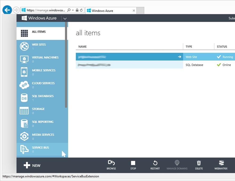 A screen shot of a browser showing the management page of an Azure account. On the left are shortcuts to several services (websites, virtual machines, mobile services, and so on), and among them is “Service Bus.”