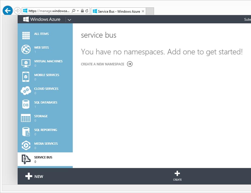 A screen shot of a browser showing the start page of the service bus configuration tool in Windows Azure, where we see the message “You have no namespaces. Add one to get started!” followed by a button to create the namespace.