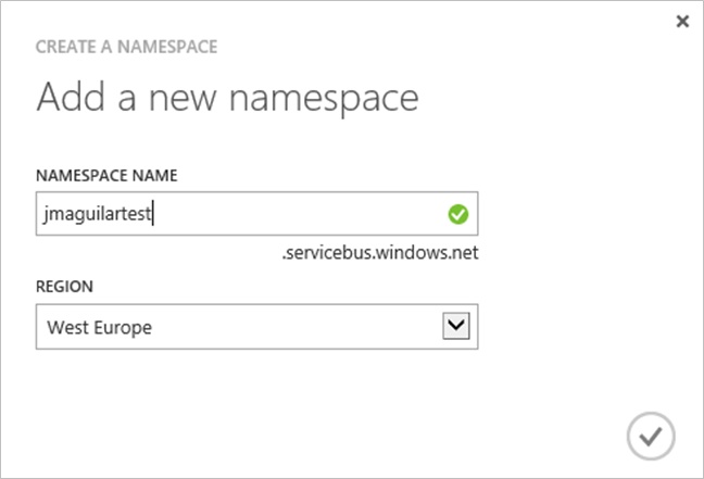 A screen shot of the namespace creation dialog box in Windows Azure. In the Namespace Name field, the name “jmaguilartest” has been entered, and in the Region field, “West Europe” has been selected.