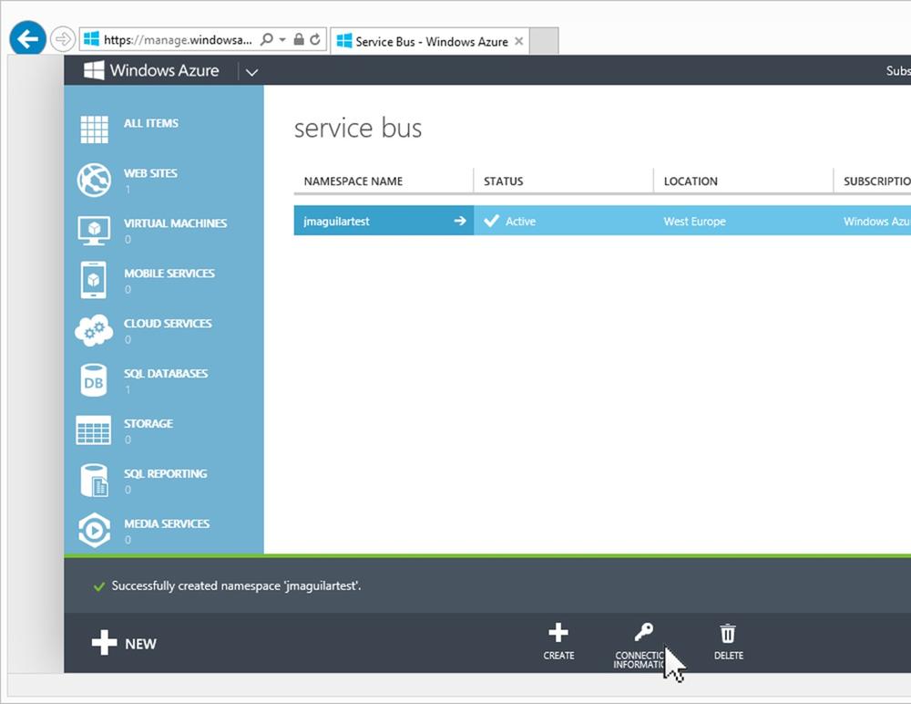 A screen shot of the Service Bus management page in Windows Azure. A namespace called “jmaguilartest” is selected, and at the bottom of the screen are links to create new namespaces, get connection information, and eliminate the namespace.