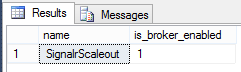 A screen shot of SQL Management Studio that shows the result of executing the query to determine whether the SQL broker is enabled, after the statements needed to activate it have been executed. There is a single row; its Name column has the value SignalrScaleout (the name of the database), and its is_broker_enabled column has the value 1.