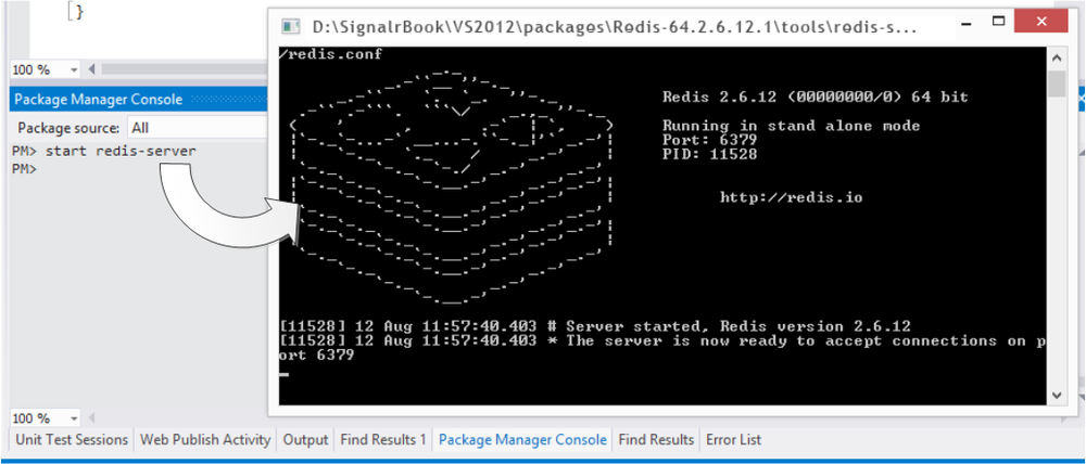 A screen shot showing the Visual Studio package manager console, in which the command “start redis-server” has been executed. There is also a console window where we see that Redis has started.