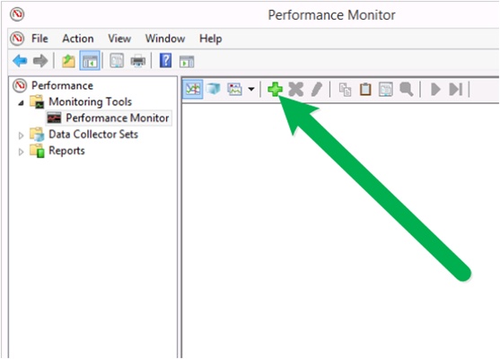 A screen shot showing the main window of the Windows Performance Monitor. The button used to add new performance counters is highlighted.