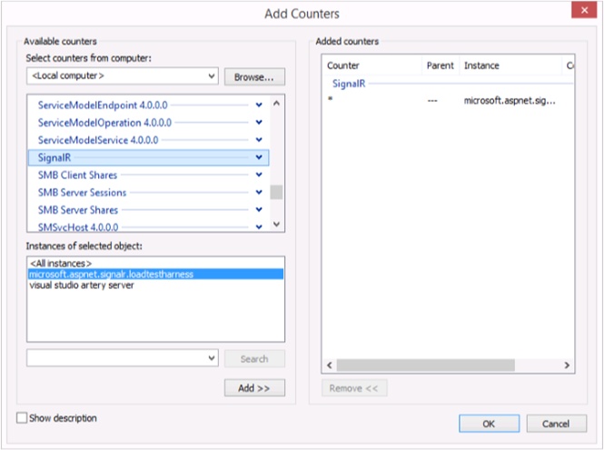 A screen shot showing the window used for selecting new performance counters. The SignalR counter category is selected, and the application instances on which monitoring can be performed are shown.