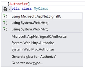 A screen shot showing the help provided by Visual Studio, in which the Authorize attribute is found in the namespaces System.Web.Mvc, System.Web.Http, and Microsoft.AspNet.SignalR.