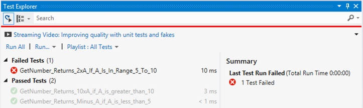 A screen shot showing the Test Explorer window of Visual Studio after executing a set of three unit tests. The window is split into two parts: on the left, it states that two tests have been passed and one has failed, and on the right, we see the total run time and a message telling us that one of the tests has failed.