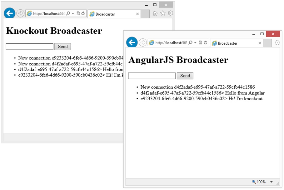 A screen shot showing two browsers. The first one is connected to a SignalR service using a Knockout client, while the second one uses a client based on AngularJS. In both browsers, there is a log with the notifications of new connections and messages sent between the clients.