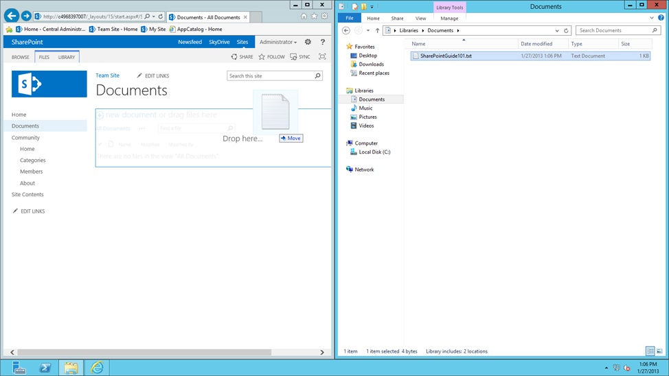 The figure shows a file being dragged into a document library in the SharePoint browser interface.