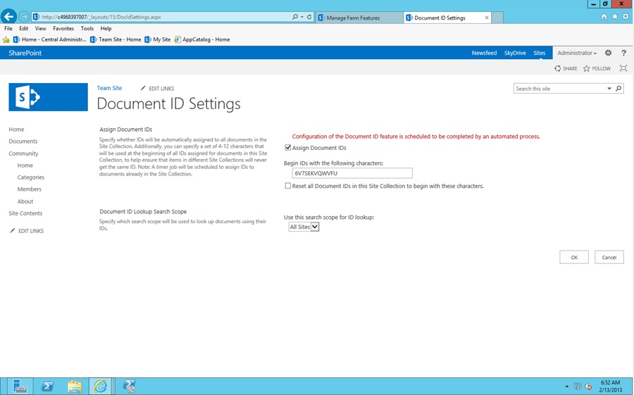 The figure shows the Document ID Settings page. This includes the ability to set your own document ID prefix.