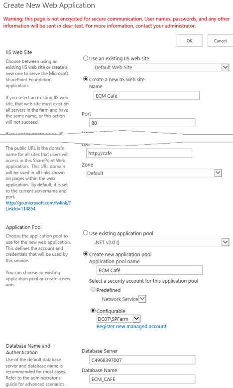 The figure shows the Create New Web Application settings dialog box.