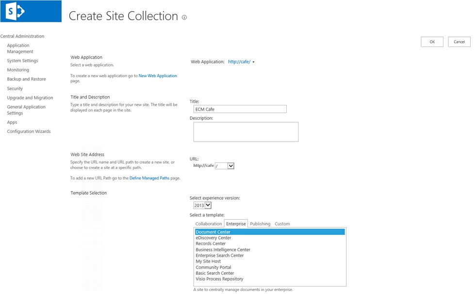 The figure shows the Create Site Collection page for web applications.